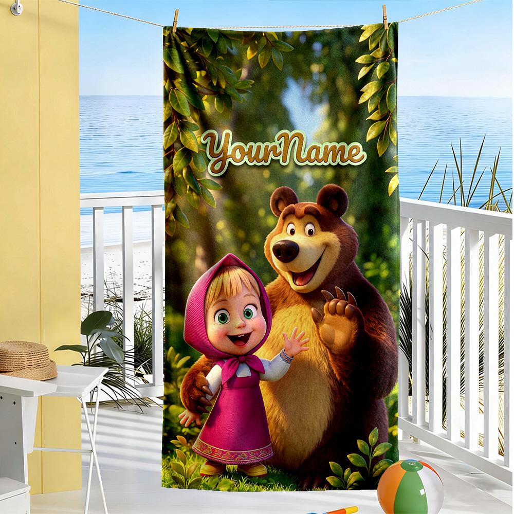 Masha Bear Customize Your Name Beach Towel Super Soft Microfiber Quickdry Fabric