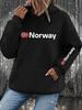 Norwegian flag letter print men's hooded sweatshirt, long sleeves with pockets, casual ethnic style street sportswear.