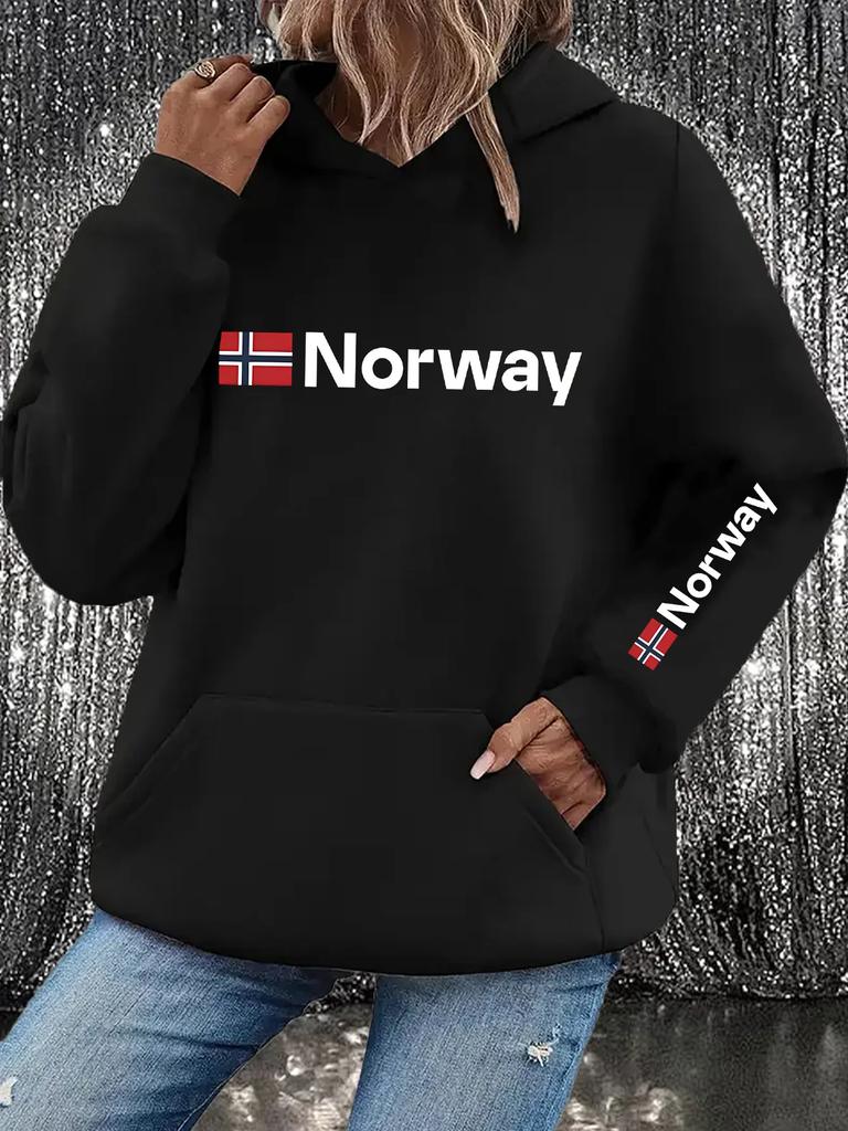 Norwegian flag letter print men's hooded sweatshirt, long sleeves with pockets, casual ethnic style street sportswear.