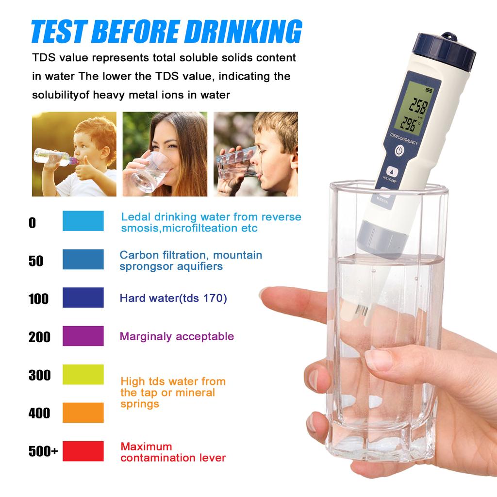 EZ-9909 5-v-1 tester PH/EC/TDS/slanost/teploměr přenosný tester kvality vody bez podsvícení s baterií