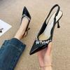 G860-12 Pointed Head Spring and Summer 2025 New Sandals Korean Version Rhinestone Bag Head Rear Empty Thin Heel Temperament Single Shoe