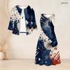 Women Plus Size Two Piece Dress Set Tie Neck Three Quarter Sleeve Firework Printed Dark Blue Long Dress