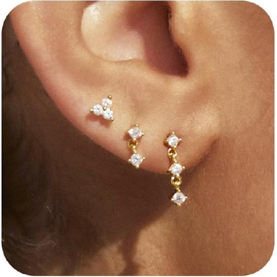 Triple Huggie Stacked Earrings for Women Gold Chain Drop Dangle Earrings Cute Statement CZ Earrings Trendy Dainty Jewelry Gift