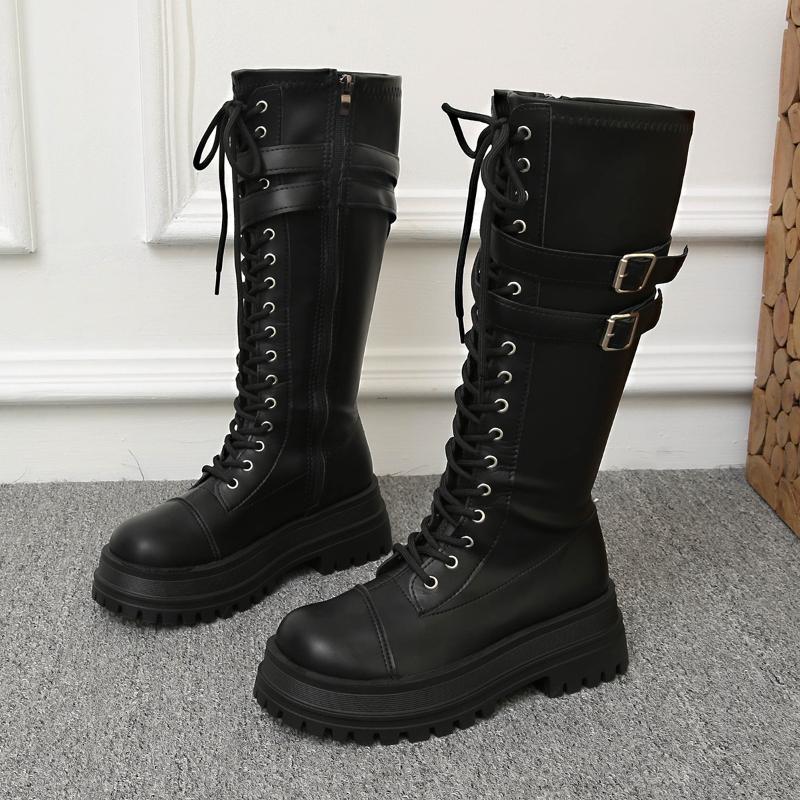 Winter Platform Cross Lace Up Woman Knight Boots Fashion Belt Buckle Shoes Punk Style Height Increase Female Long Booties