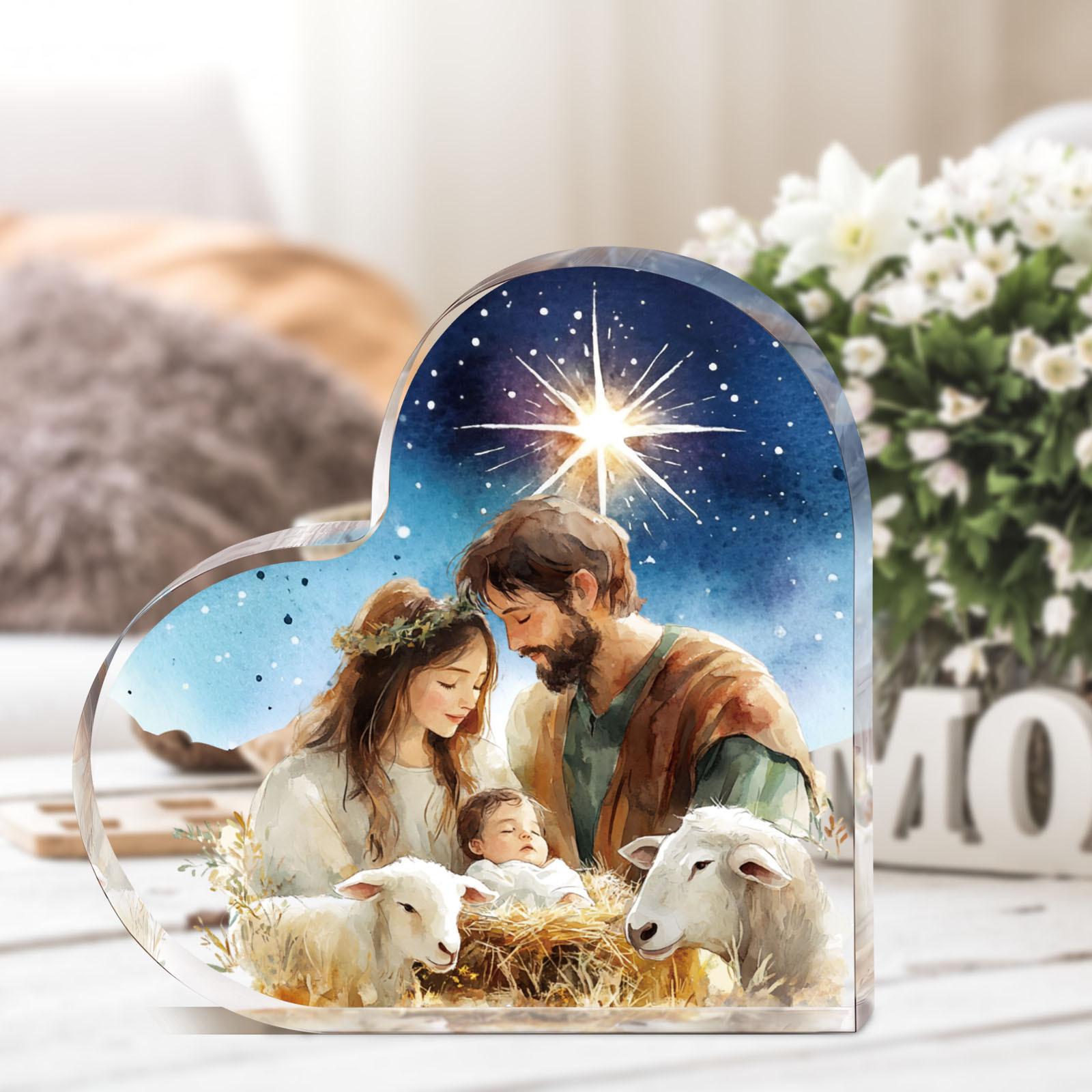 

1pc Heart-Shaped Nativity Scene Acrylic Ornament - Religious Decorative Plaque with Starry Night Background, Ideal for Christmas & All Holidays 10*10cm