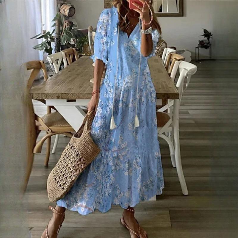 IHUASU Damen Casual Sweetheart Loose V-Ausschnitt Bedruckte Hosenträger Mittellange Ärmel Lange Kleider