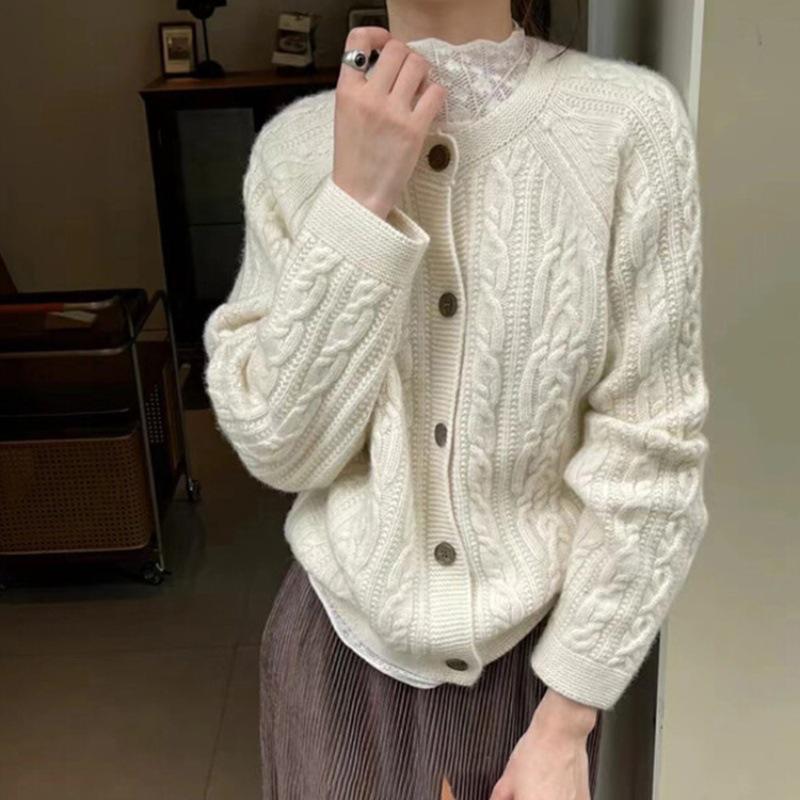 Women's Retro Wool Cardigan Sweater, Autumn/Winter, Thick, Single-Breasted, Round Neck, Cable Knit