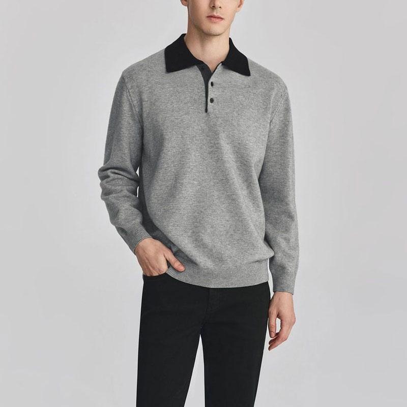 

Мужская одежда Винтажные базовые осенне-зимние вязаные пуловеры контрастных цветов с воротником поло на пуговицах L серый