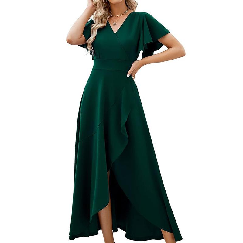 Women's lotus leaf sleeve V-neck temperament elegant evening dress European and American spring and summer waist dress