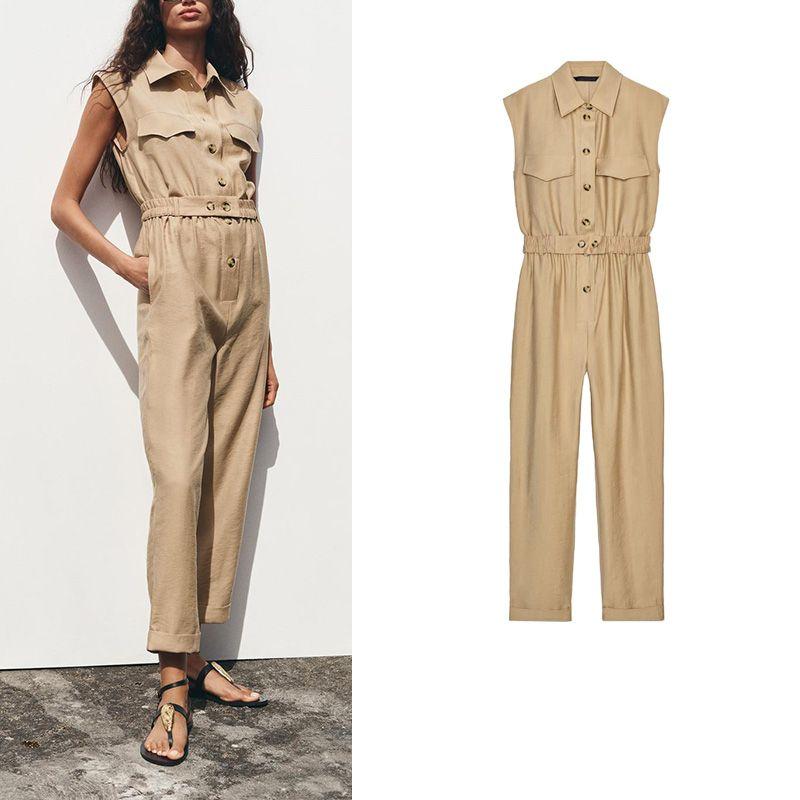 Spring and Summer New Women's Clothing European and American Leisure with Belt Fashion Sleeveless Lapel Jumpsuit 3897091