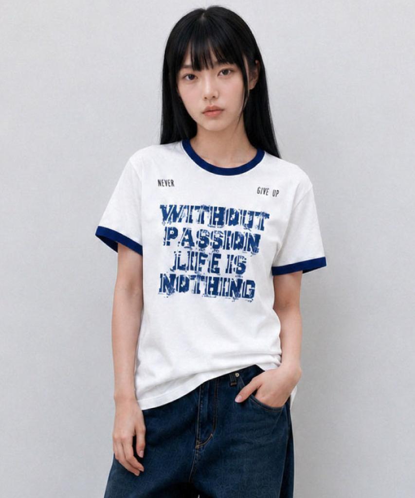 Damiswi Vintage Lettering Ringer T-Shirt_Navy