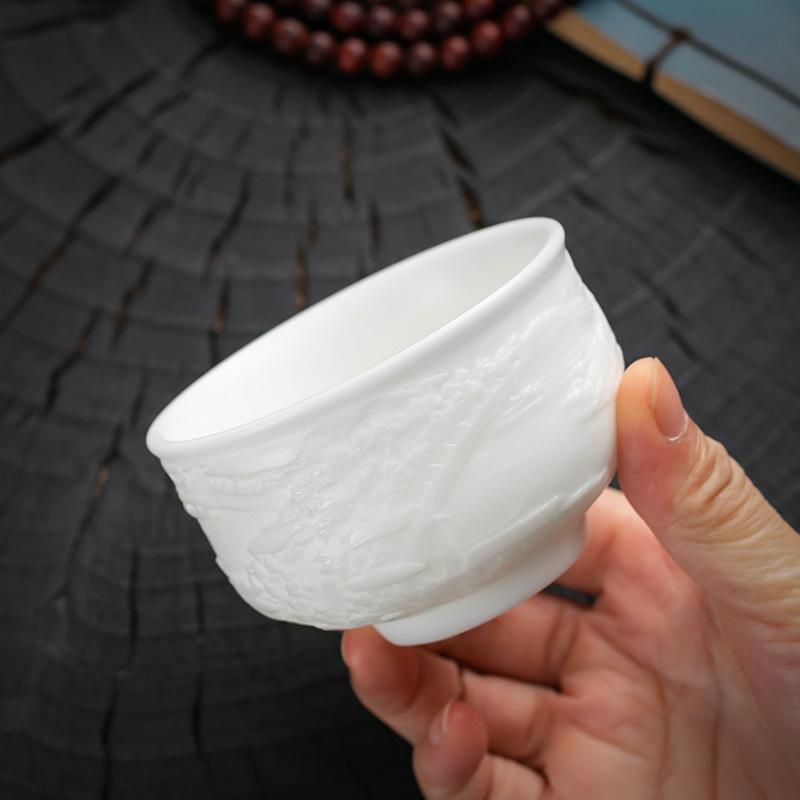 Ice-type Mutton-fat Jade Teacups Qingming Riverside Scene Relief Master Cups Porcelain Ceramic Tea Bowls Chinese Kungfu Teaware