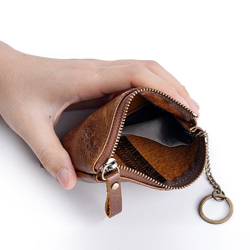 Mens and Women Retro Real Leather Zipper Wallet Card Holder Small Coins Keys Pocket Money Storage Pouch with Chain Key-ring
