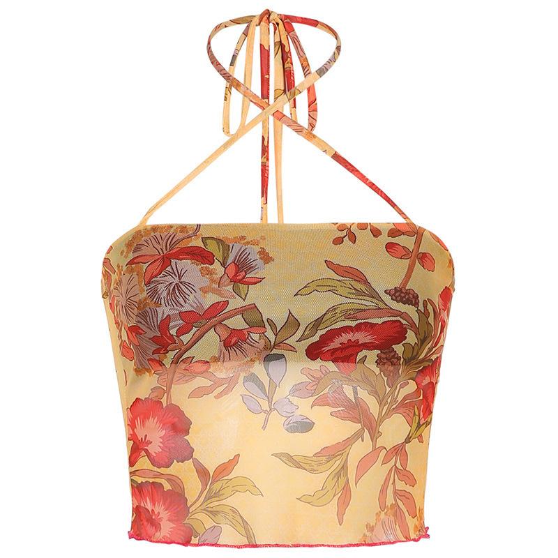 Women's flower print mesh top sexy slim cross neck halter sling vest women