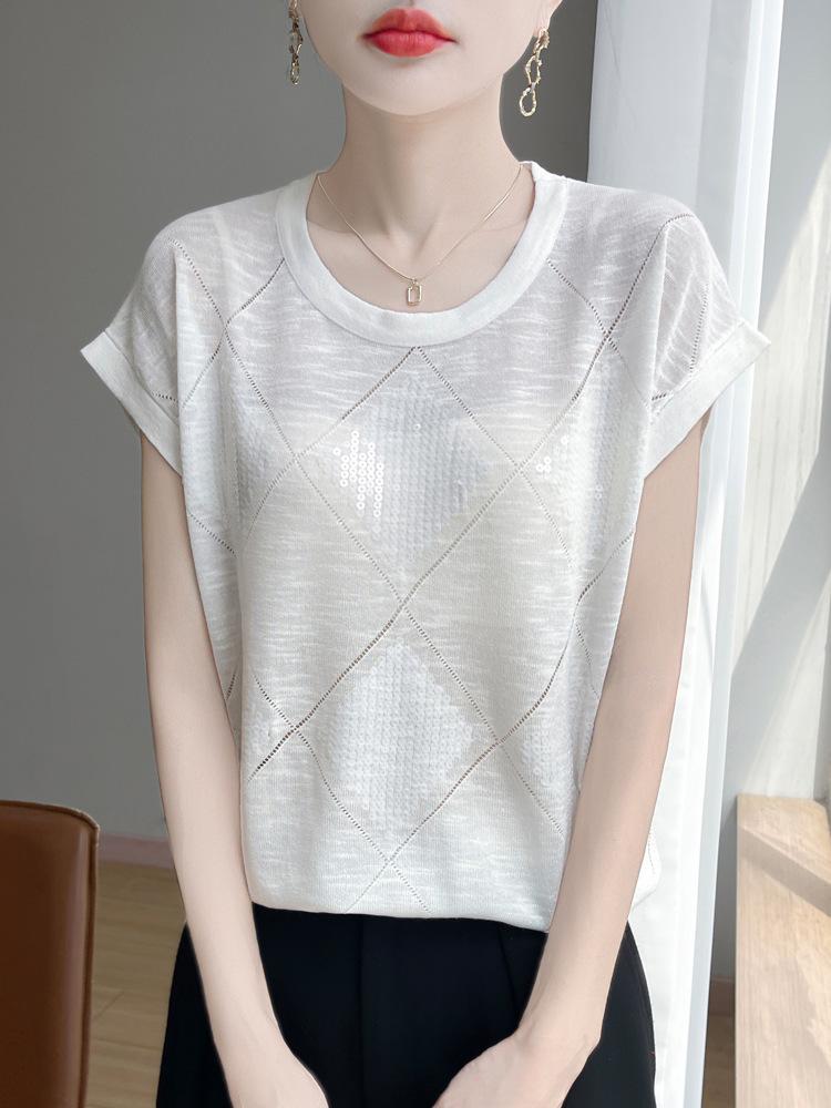 Summer New Round-neck Knitted Sweater, Short-sleeved T-shirt, Women's Hollowed-out Sequin Pullover Base Layer