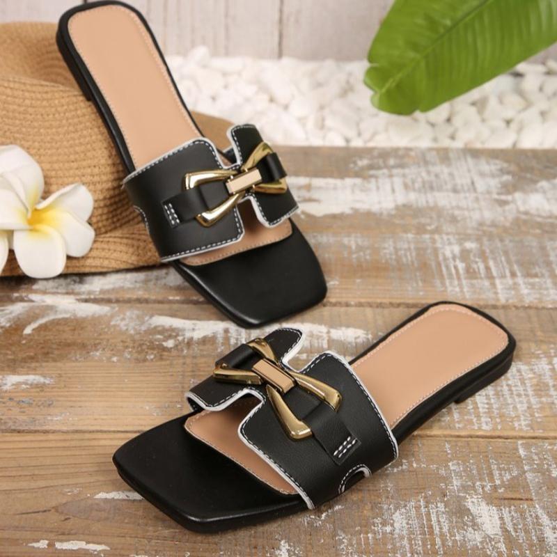 Fashion Women's Summer 2025 New PU Leather Fashion Simple Solid Color Sandals Daily Casual Open Toe Women Slippers Zapatos Mujer