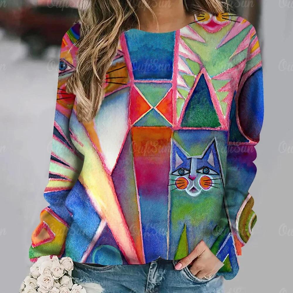 Dámské tričko Anime Kočičí potisk Topy s dlouhým rukávem Vintage svetr Bavlna s výstřihem do tvaru Y2k Dámské oblečení Oversized Street Pullover