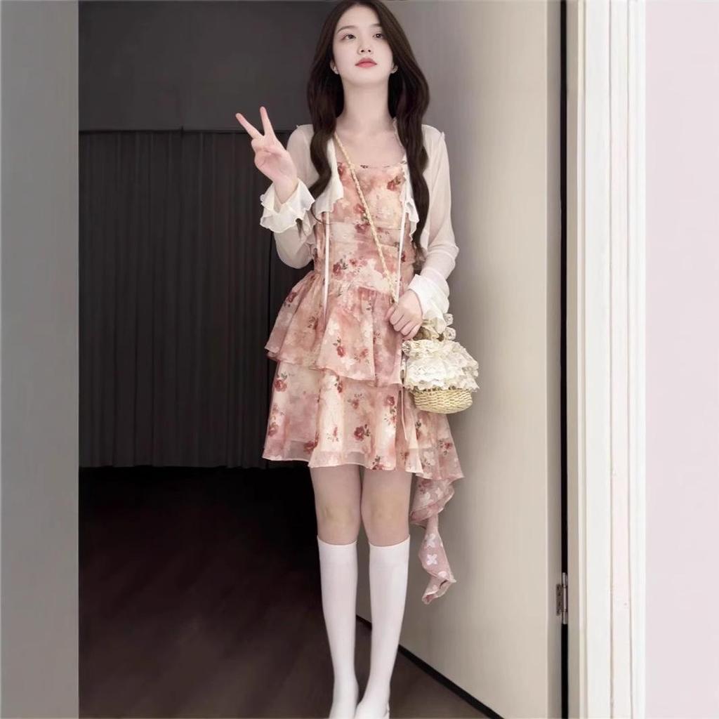 Atmosphere Floral Spaghetti Strap Dress & Cardigan Set - Sweet Spring/Summer Waist-Hugging Skirt