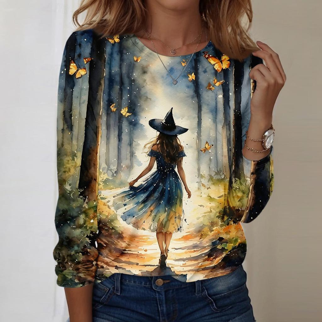 Women's Halloween Print Long Sleeve Neck Loose Fit Tunic Top for Fall Casual Outfits