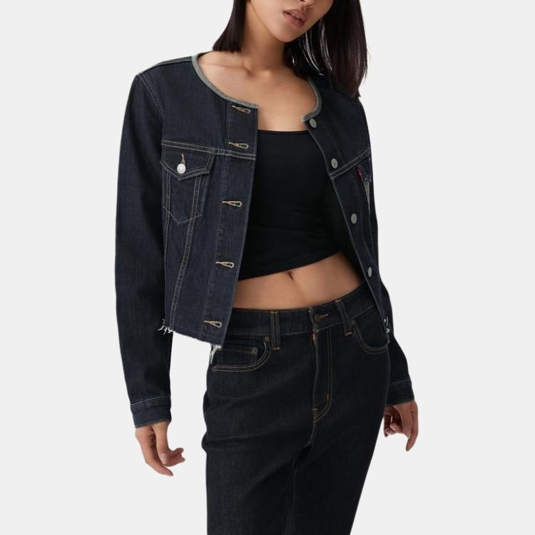Levis Comfortable Minimalist Color Block Short Denim Jacket With Single Button And Round Neck Long Sleeves Women jackets 0052H-0001