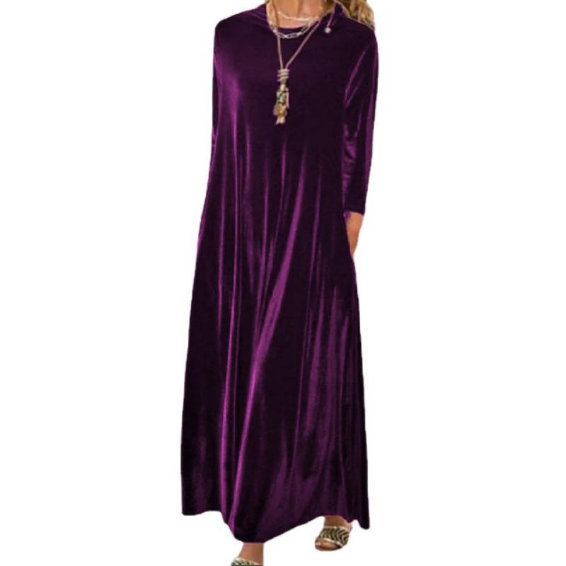 Women Casual Solid Velvet Round Neck Long Sleeve Loose Long A Line Dress