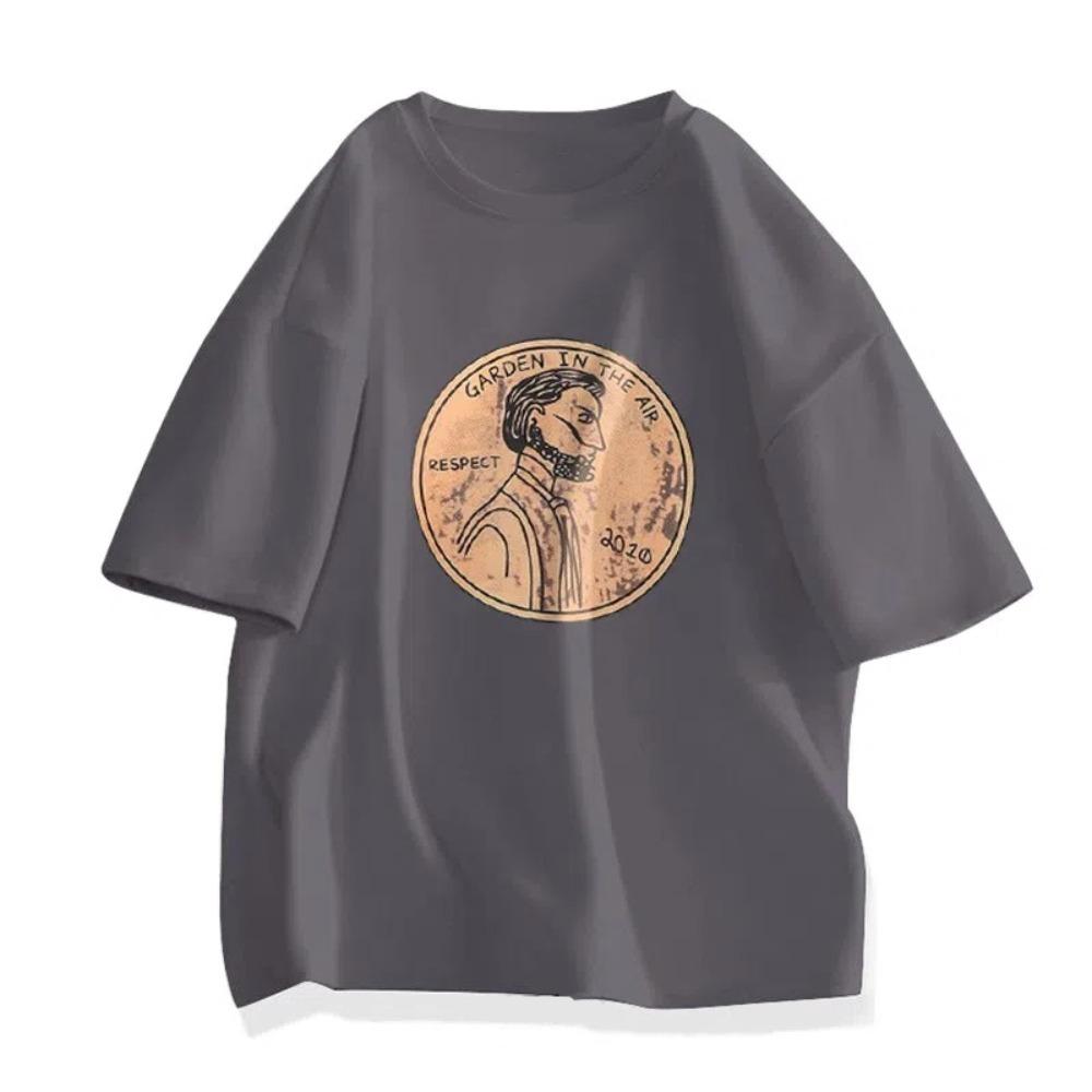 

Loose Cotton T-shirt Cartoon Couple Clothing Tees Retro Plus Size Pullover Shirt Women Men XL серый