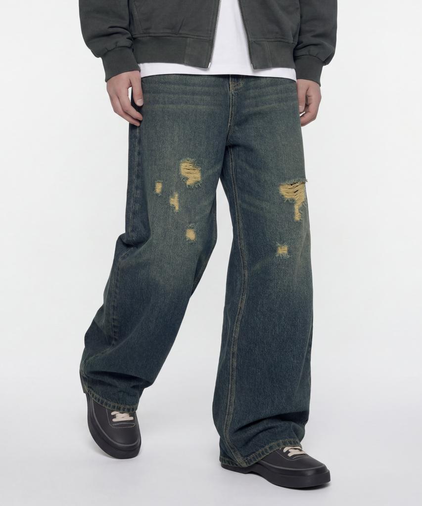 AGOD Vintage Washed Damaged Wide Denim Pants [Sand Indigo]