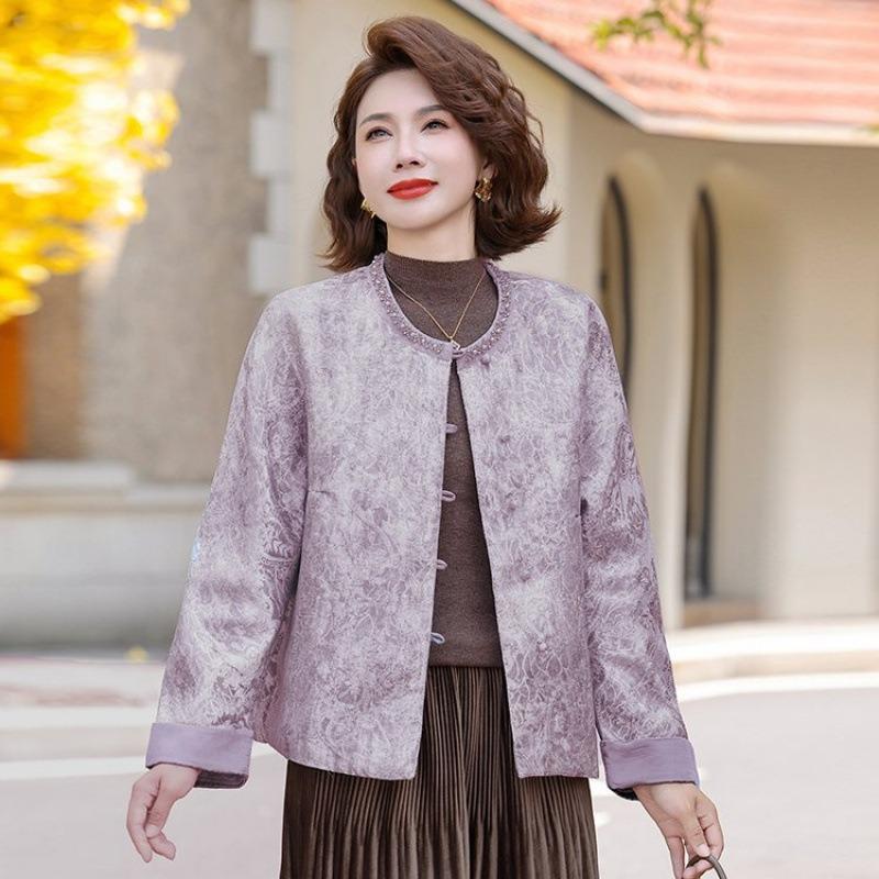 

Темперамент среднего и пожилого возраста Весенне-осенняя китайская куртка короткий топ Новая женская одежда для среднего и пожилого возраста 5XL [recommended 150-80kg] фиолетовый