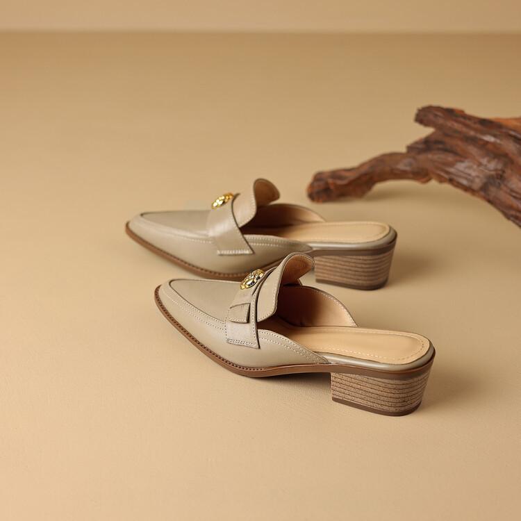 Soft Leather Pointed Head Half Slippers Women's Thick Heel 2025 New Slippers Women's Summer Outer Wear Middle Heel