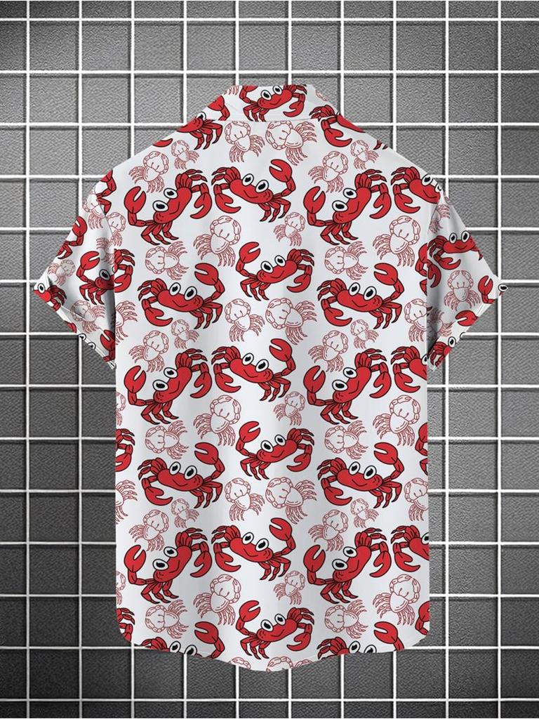 Men'S Casual Crab Printed Short Sleeve Shirt, Polyester Material, Mixed Color, Multiple Specifications Available, Fashionable Design, Suitable for