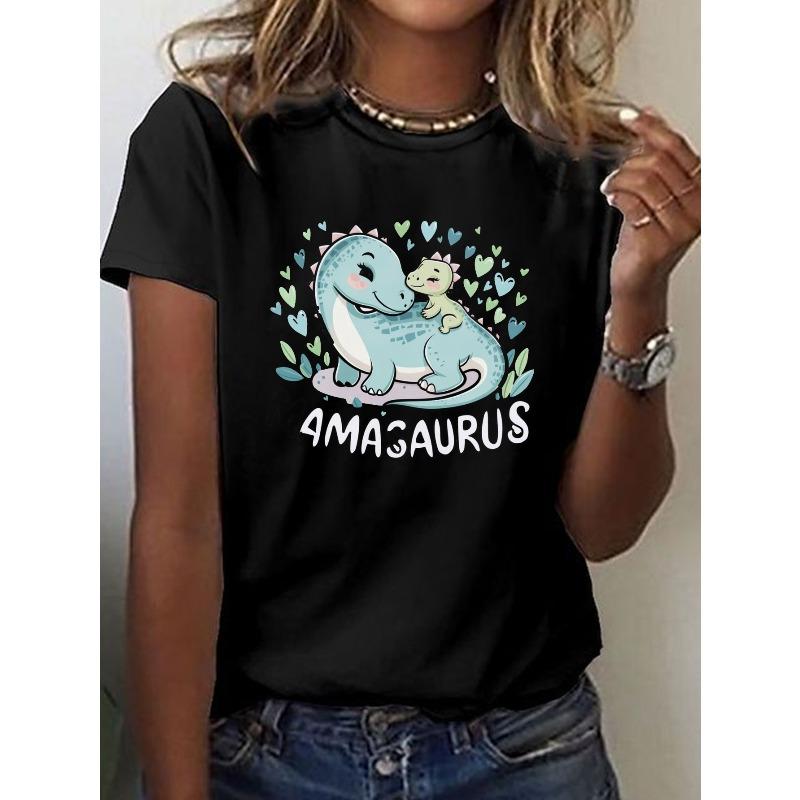 Mamasaurus Print T-shirt, Short Sleeve Crew Neck Casual Top for Summer & Spring, Women's Clothing