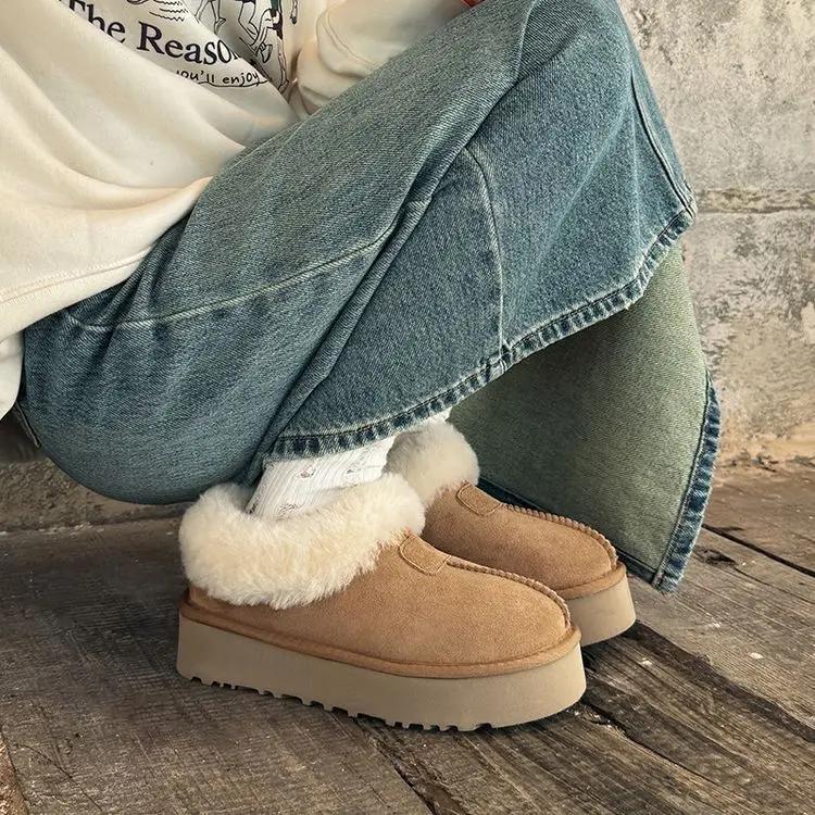 Fashion New Retro Winter Cow Suede Warm Snow Boots Handmade Women's Cute Round Head Thick Bottom with Suede Warm Cotton Boots Size 40