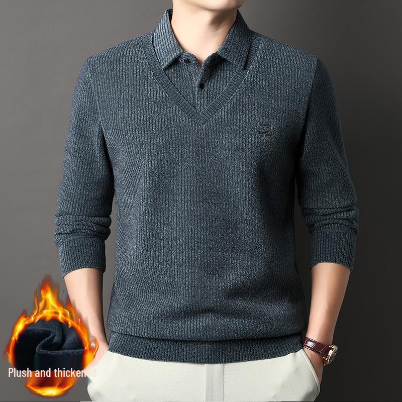 Men's 2025 Winter Knit Sweater with Shirt Collar - Plus Velvet, Thick, Warm, Long Sleeve, Fake Two-Piece Design for Middle-Aged