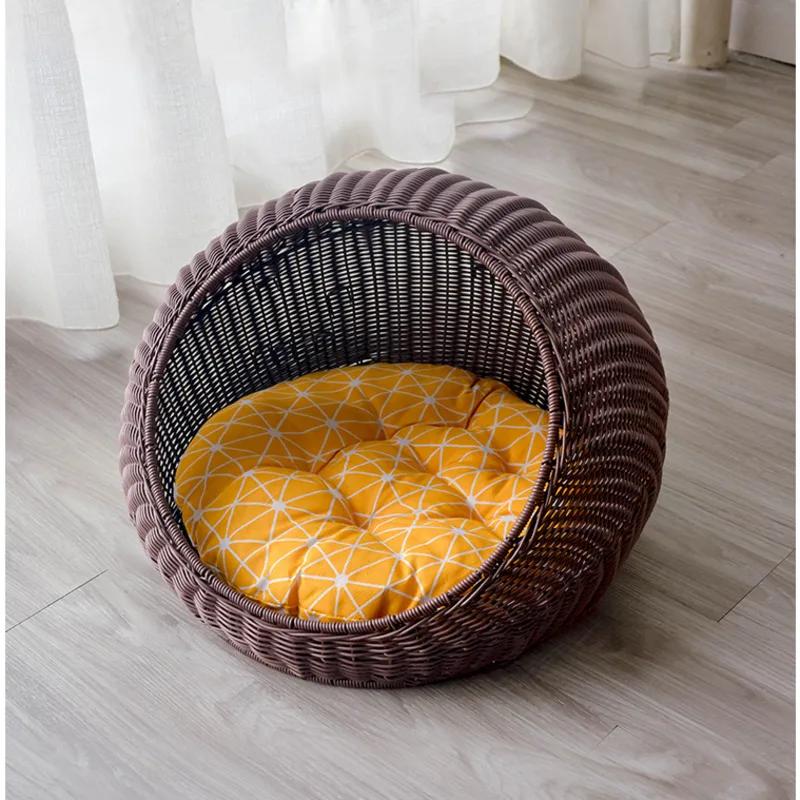Large Semi-Enclosed Kitten Bed Handmade Rattan Woven Cat Litter Comfort Breathable Pet House Metal Frame Cat's Supplies