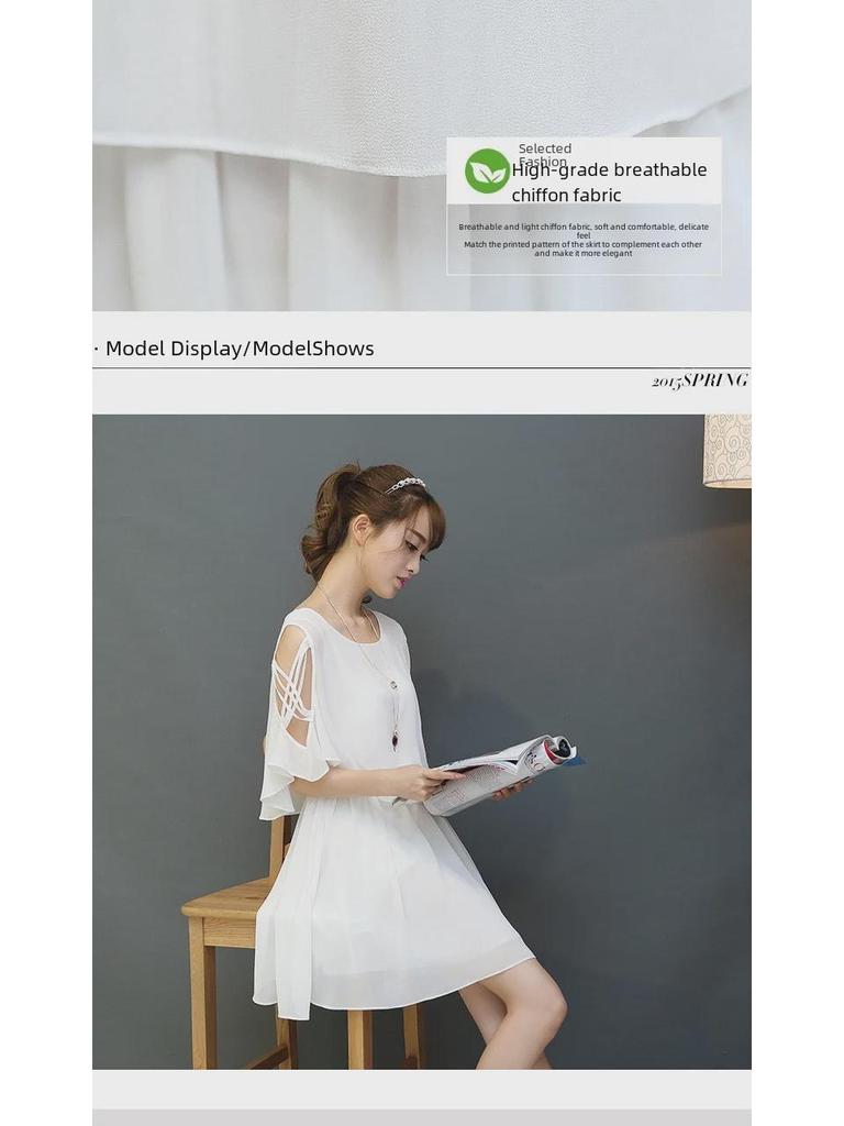 2025 Spring Off-Shoulder Chiffon Dress with Lotus Leaf Sleeves - Medium-Length White Fairy Skirt for Women