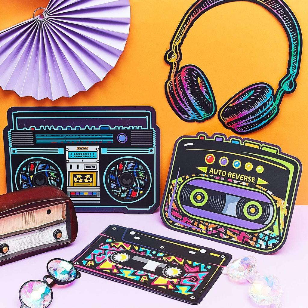 Outus 12 Pieces 80's Cassette Tape Party Decorations Retro 80's Cutouts Large Cassette Player Cutouts Headphones Radio for 1970s Party Posters Decor