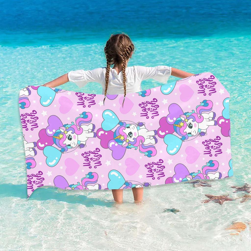 Name Custom Cartoon Beach Towel Cute Unicorn Soft Microfiber Travel Camp Towel Absorbent Quick-Drying Bath Towel Gift For Girl