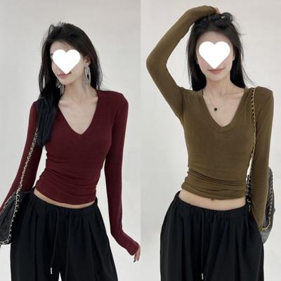Maillard Bottoming Shirt Slim-fitting T-shirt Women's Early Autumn Inner Wear Long-sleeved Solid Color Spice Girl Temperament Versatile Short Top