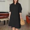 ZANZEA Vestito camicia a maniche corte con colletto rovesciato casual da donna, tinta unita