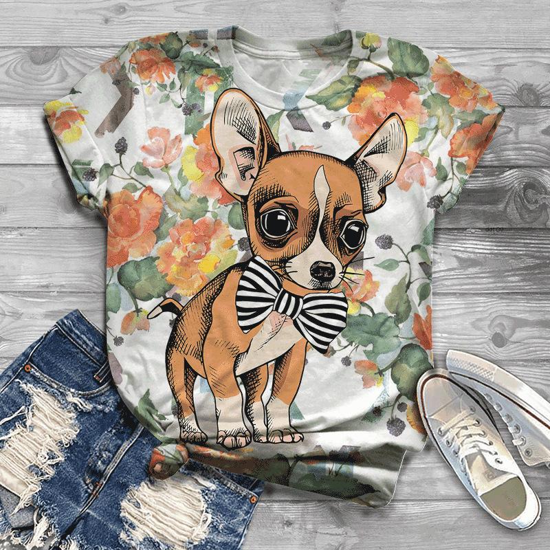 Summer New Printed Short Sleeve Top for Women, Round Neck 3D Dog Printed Women's T-shirt
