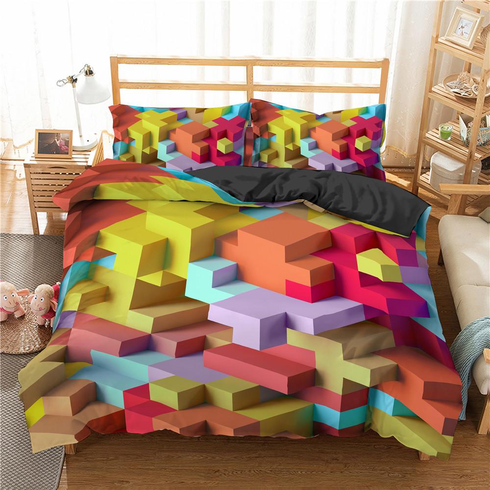 Building Block King Queen Duvet Cover Colorful Brick Bedding Set For Kids Teens Adults Cartoon 2/3pcs Polyester Comforter Cover