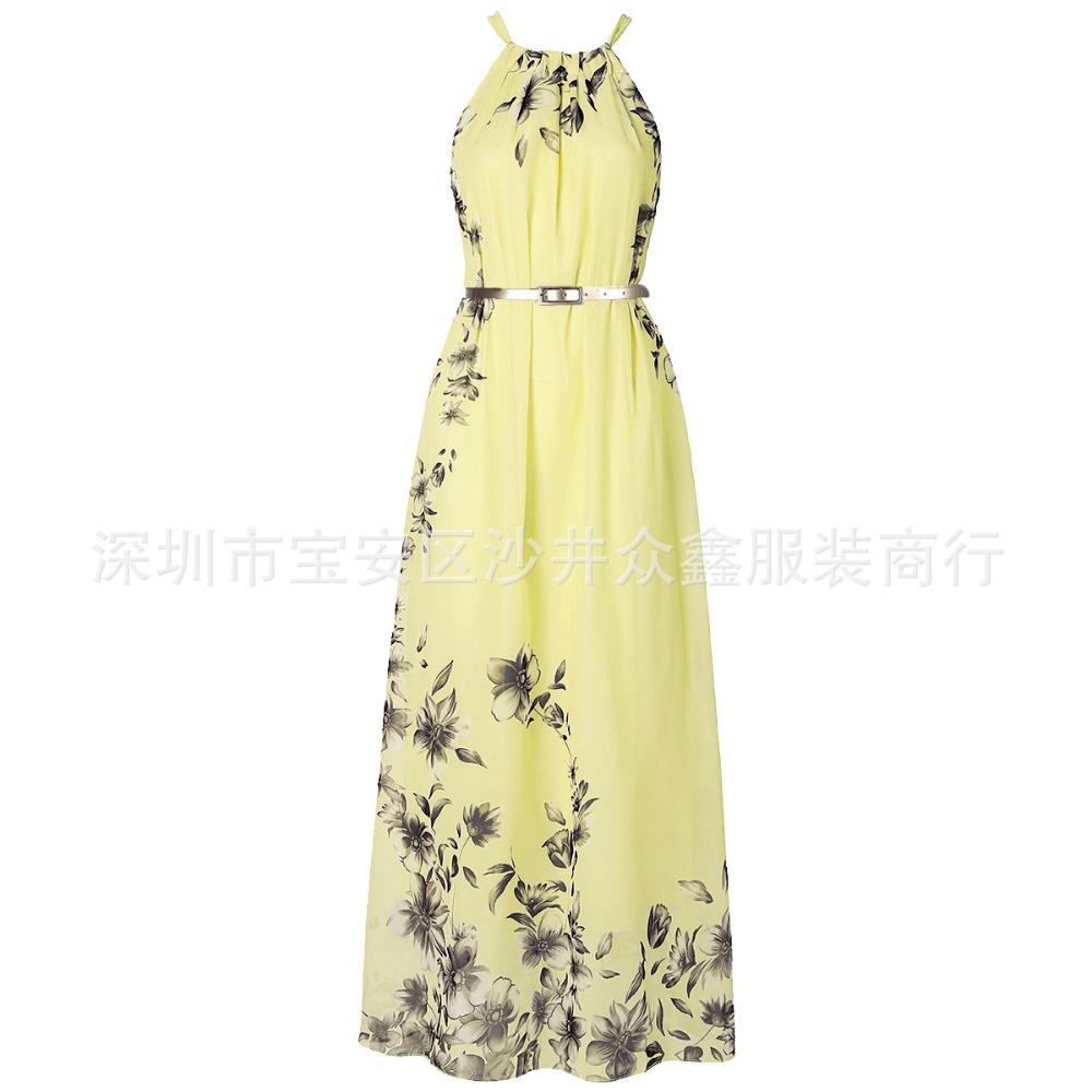 Women's Sleeveless Halter Straight Fit Loose Waist Fresh Floral Print Maxi Chiffon Dress