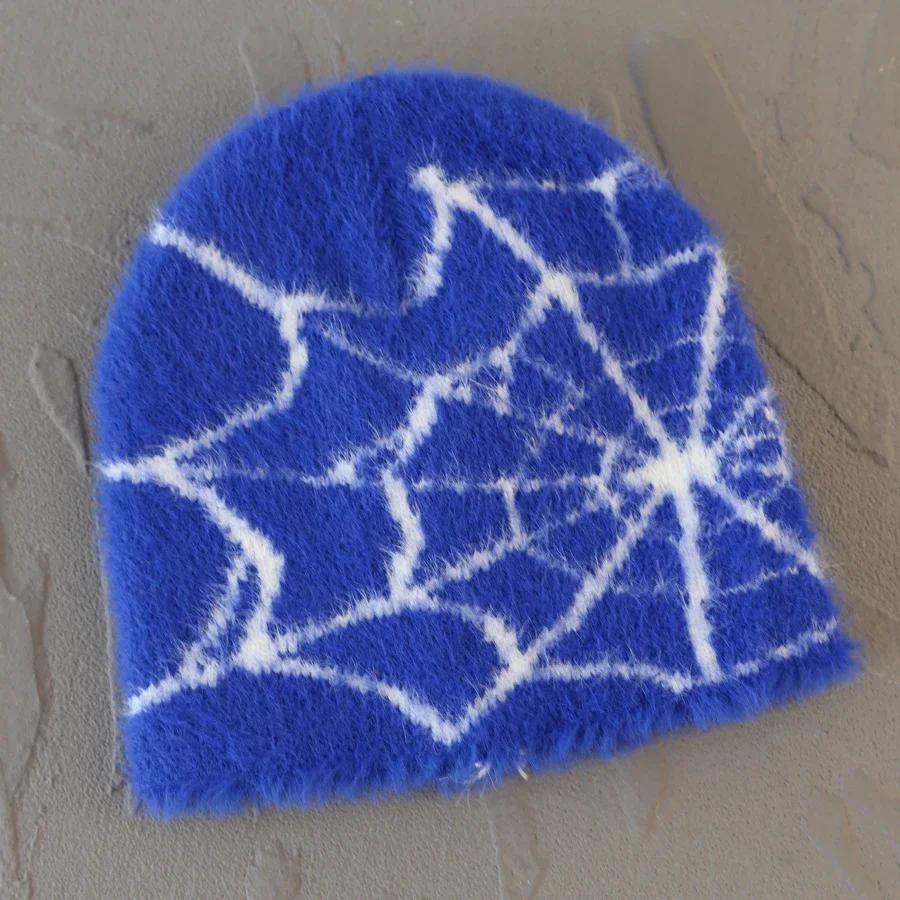 Fashion Plush Knit Spider Web Design Hat For Men Women Pullover Pile Cap Y2K Goth Warm Beanie Hats New Hip-Hop Street Cap