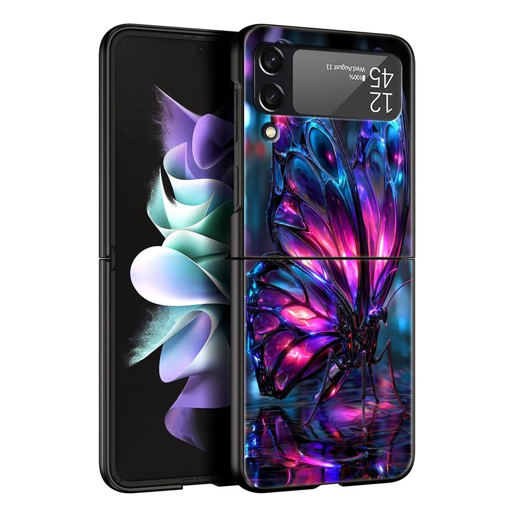 Art Purple Butterfly Hard PC Phone Case For Samsung Galaxy Z Flip 7 6 5 4 Black Cover For Galaxy Z Flip 3 Foldable Shell Fundas