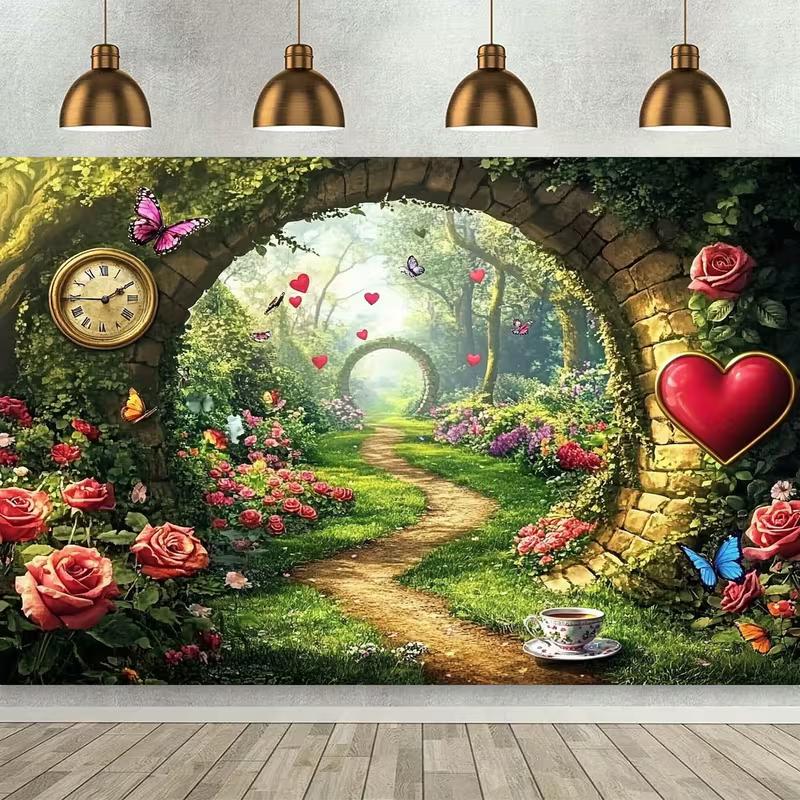 2D Romantic Rose Garden Arch Backdrop Valentine's Day Love Heart Photo Booth Background