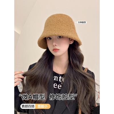 Hat Female Autumn and Winter Lamb Wool Bucket Hat Black Plain Face Small Bucket Hat Big Face Warm Plush Basin Hat