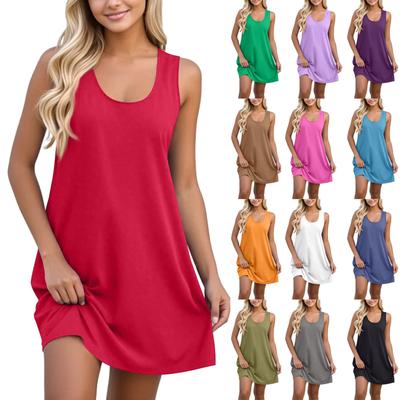Lässiges Sommerkleid für Damen mit Taschen, Sommer-Boho-Strandkleid, Urlaubskleider für Damen, T-Shirt-Kleid, U-Ausschnitt, lockere Tank-Kleider
