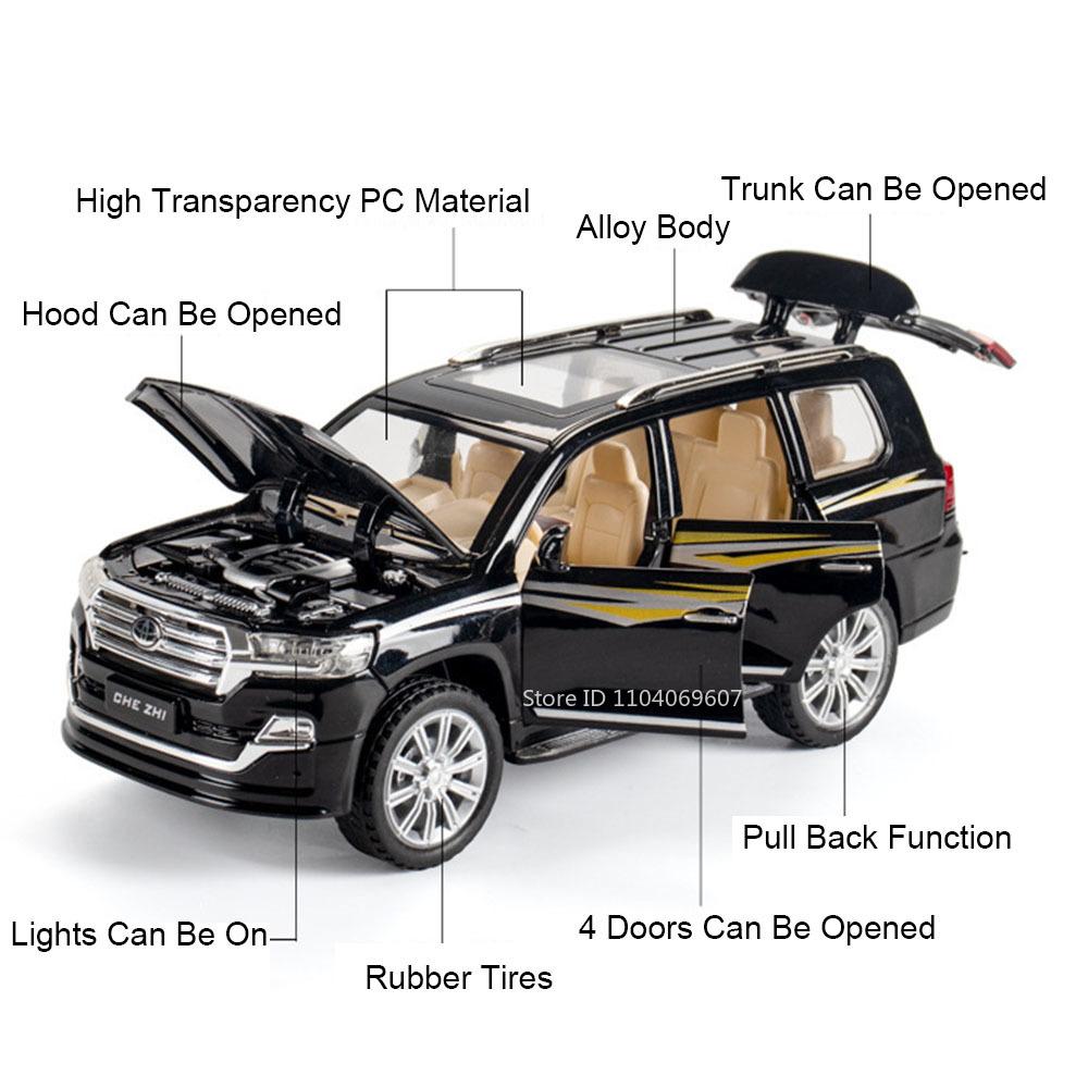 1:24 Land Cruiser Prado LC250 Model Car Toy Metal Diecast Doors Opened Off-road Vehicle Sound Light Pull Back Models for Boys