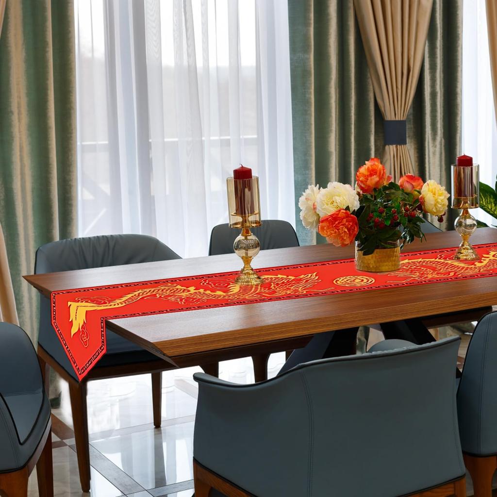 Dragon Tablecloth Asian Table Runner - 6ft x 12.99" Red Chinese Table Cover for Spring Festival Party, Kitchen, New Year Decoration