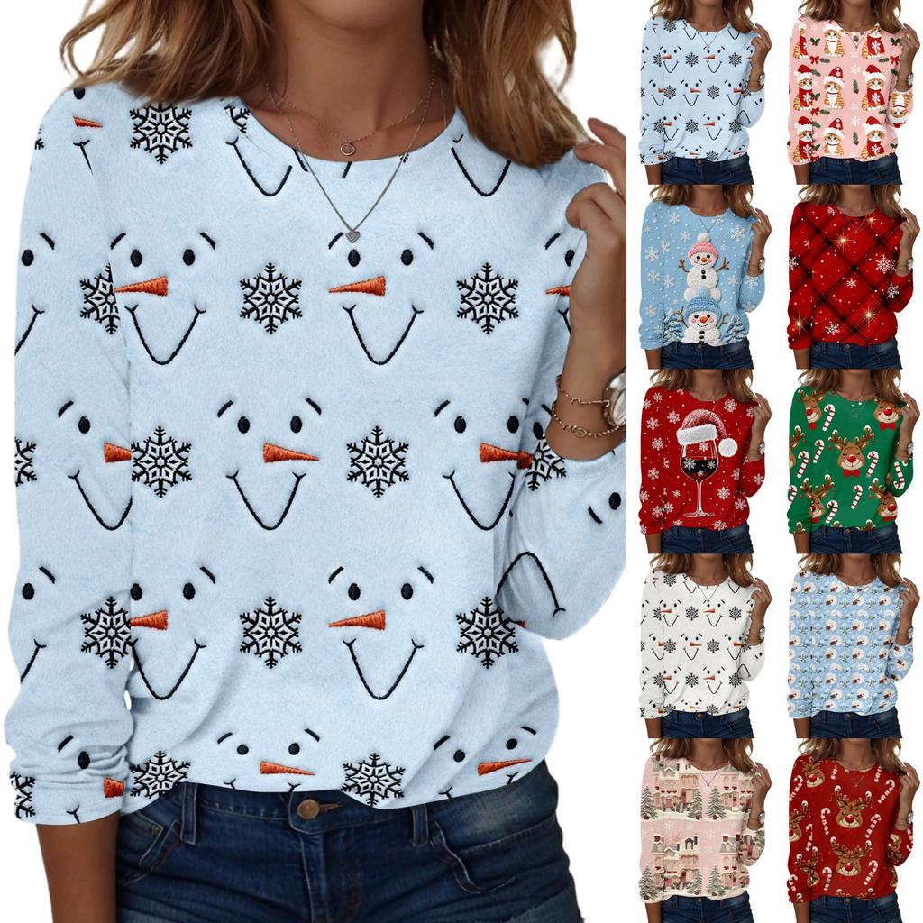 Women's Casual Long Sleeve Christmas Print Neck Top
